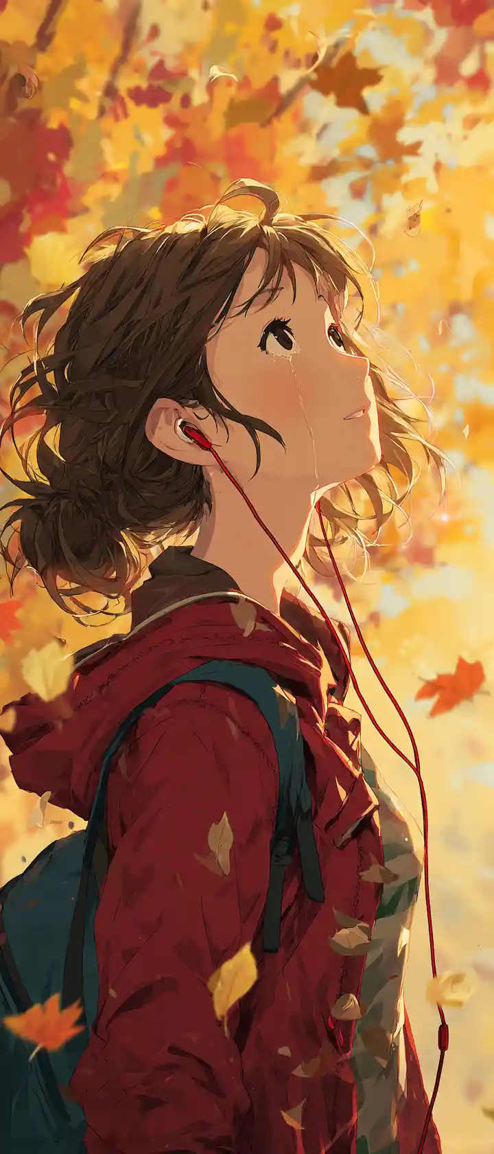 Teen girl walking home under autumn maple leaves