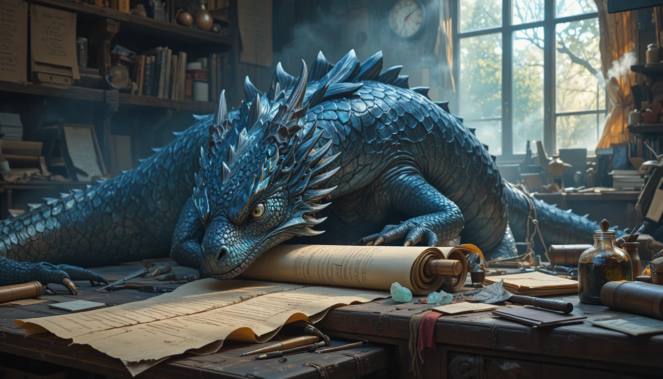 Dragon majestueux se reposant dans un atelier magique