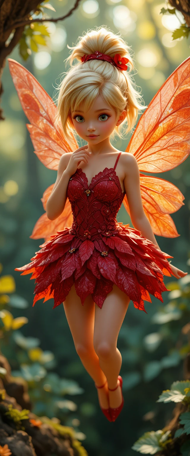 Blonde Pixie-Fee in rotem Kleid fliegt im Baumhaus