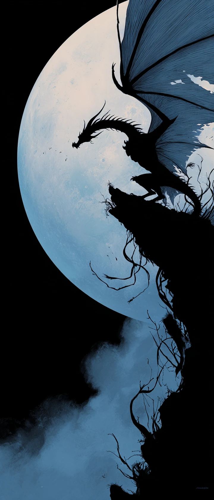 Dragon menaçant volant devant une pleine lune lumineuse