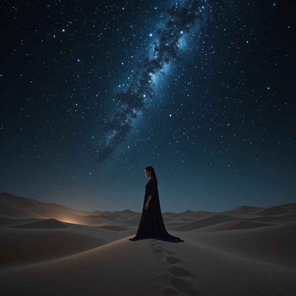 寂靜沙漠星空下的少女