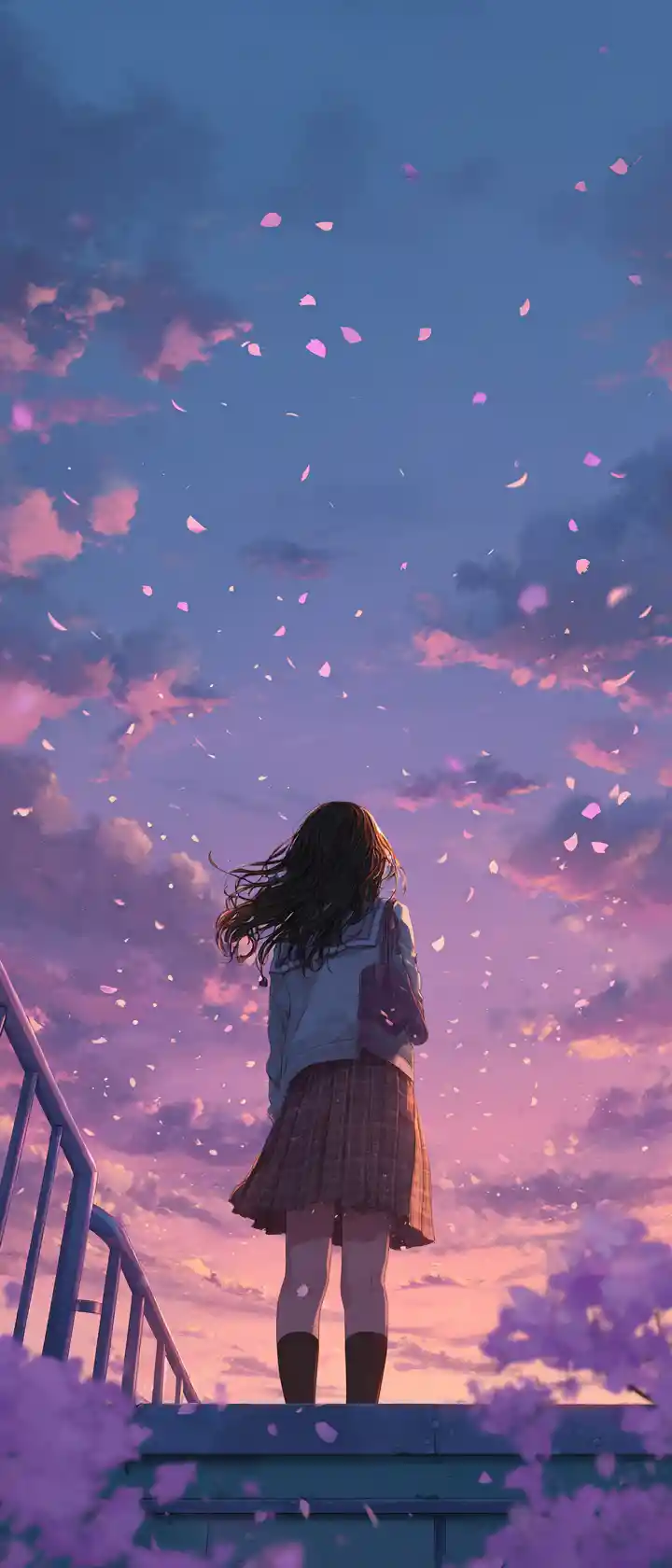Sad anime girl on school rooftop at dusk