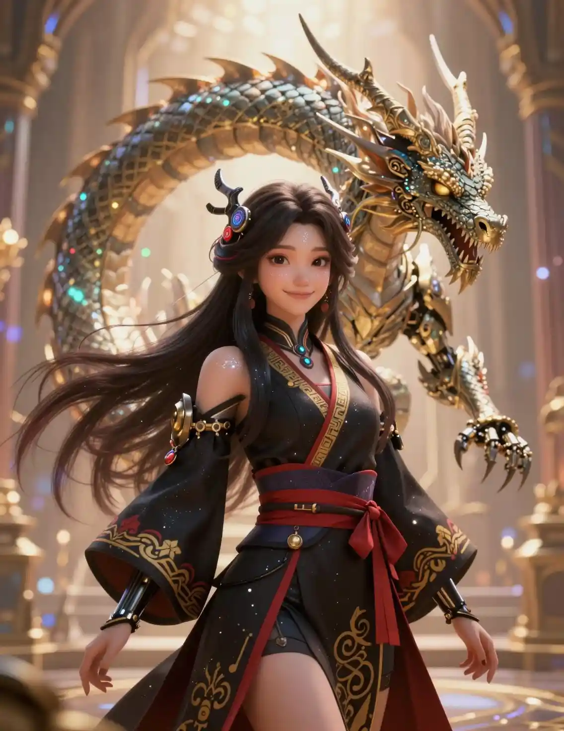 Elegant sci fi woman with mech dragon in opulent room