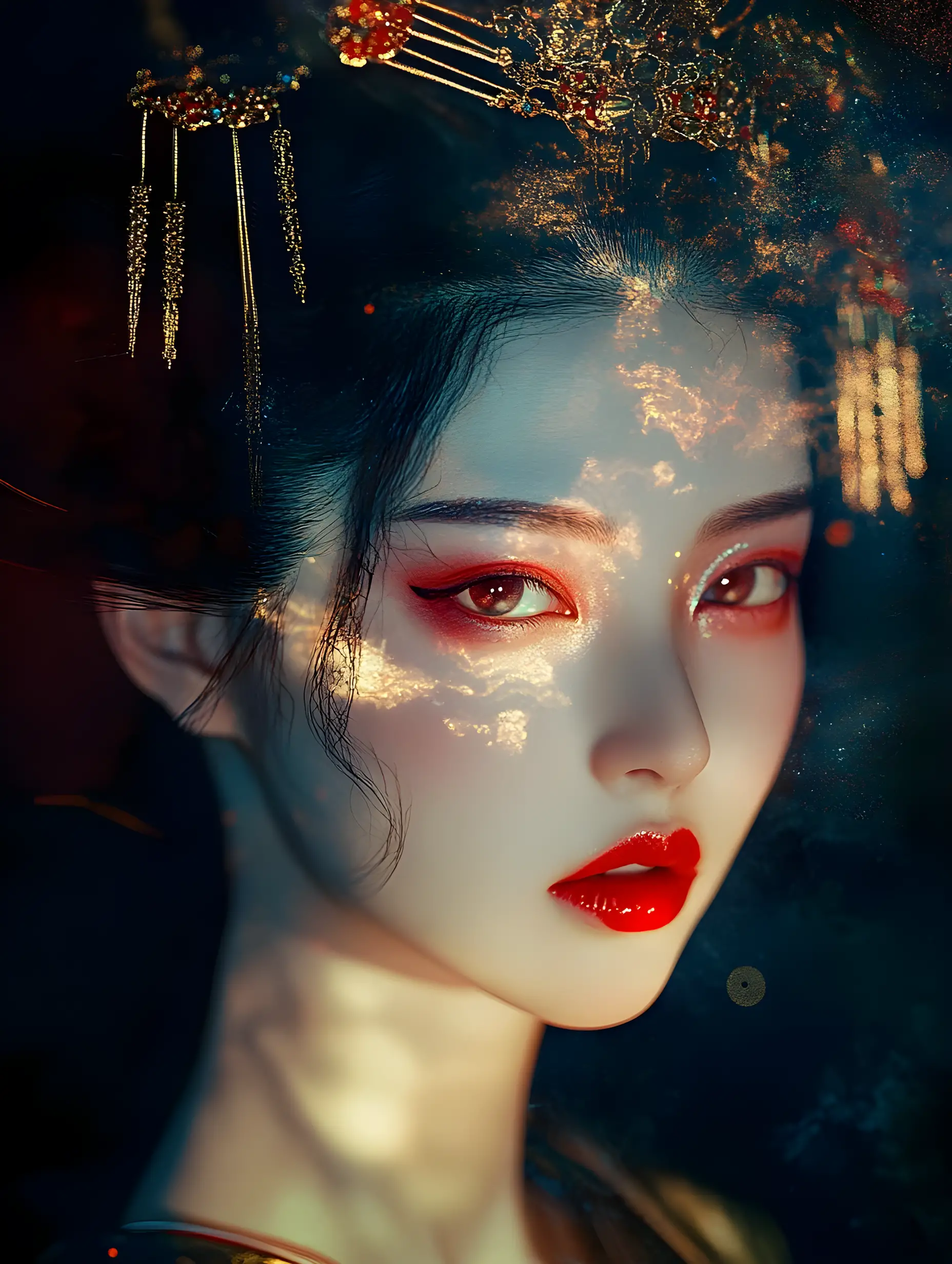 Portrait of a geisha in traditional clothing with glitch effects