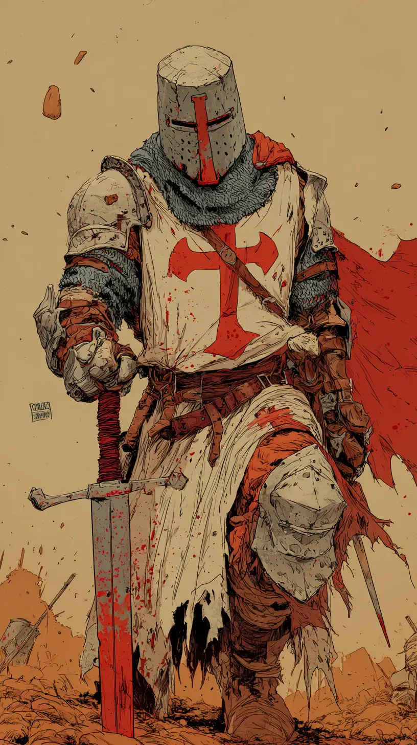 Weary templar knight stands victorious on ruined battlefield