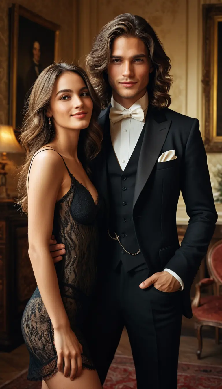 Elegant couple flirting in a classy manor interior
