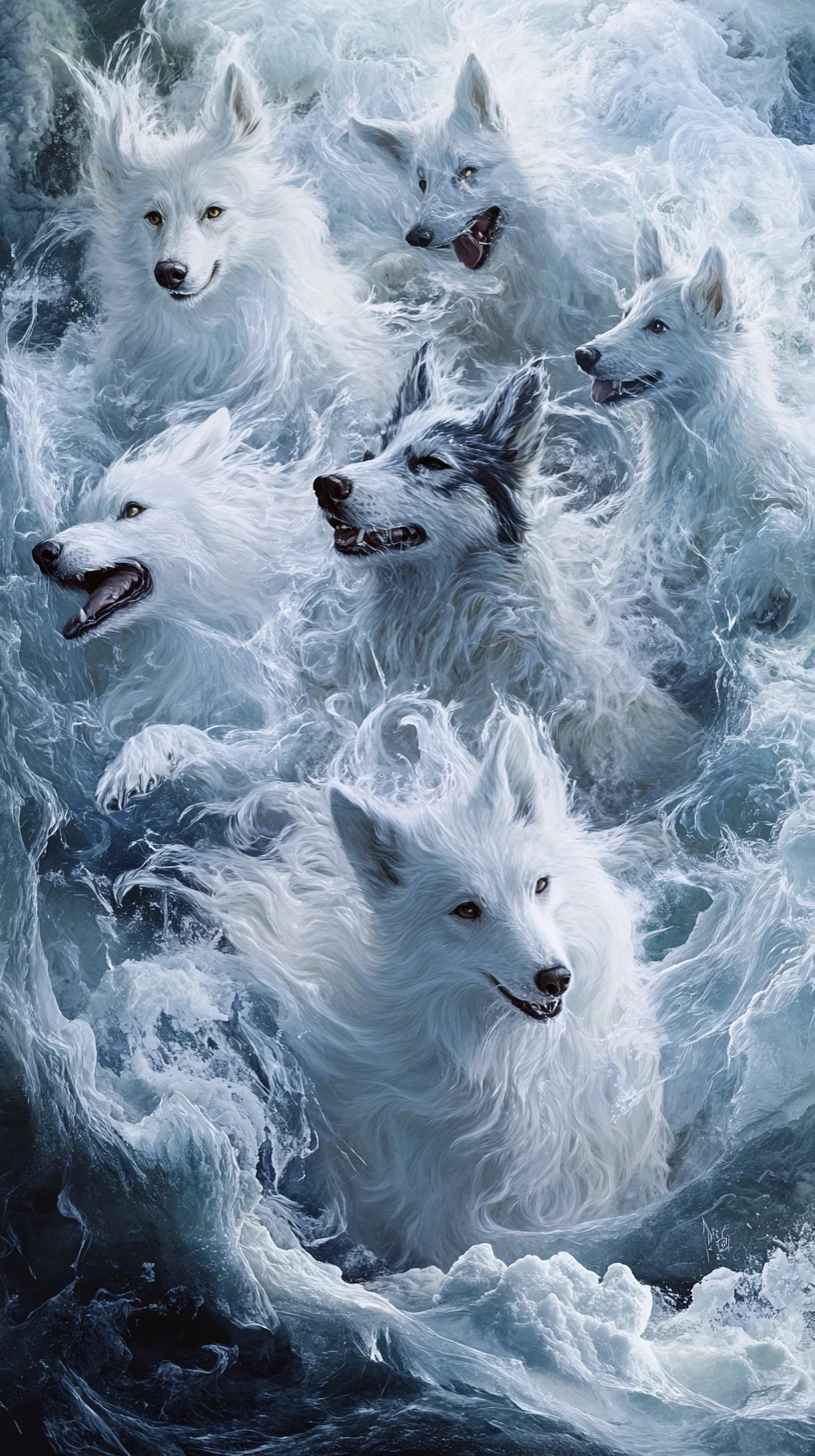 Siberian dogs standing together in a swirling snowstorm