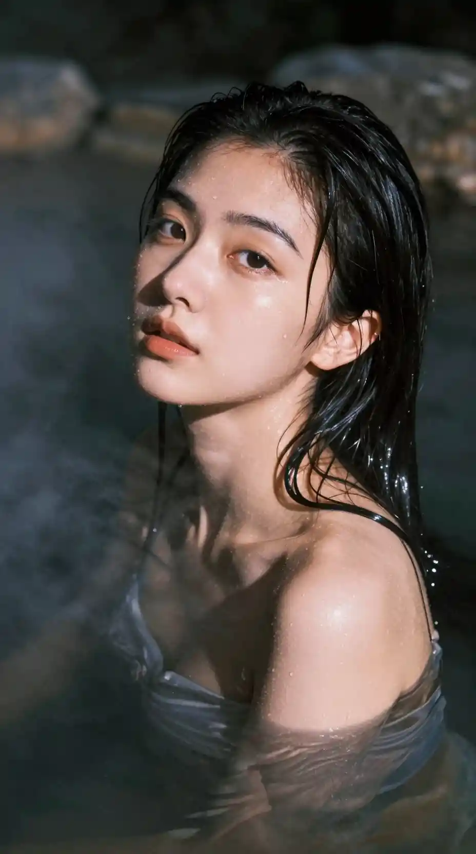 Taiwanese woman in moonlit Japanese onsen with rising steam