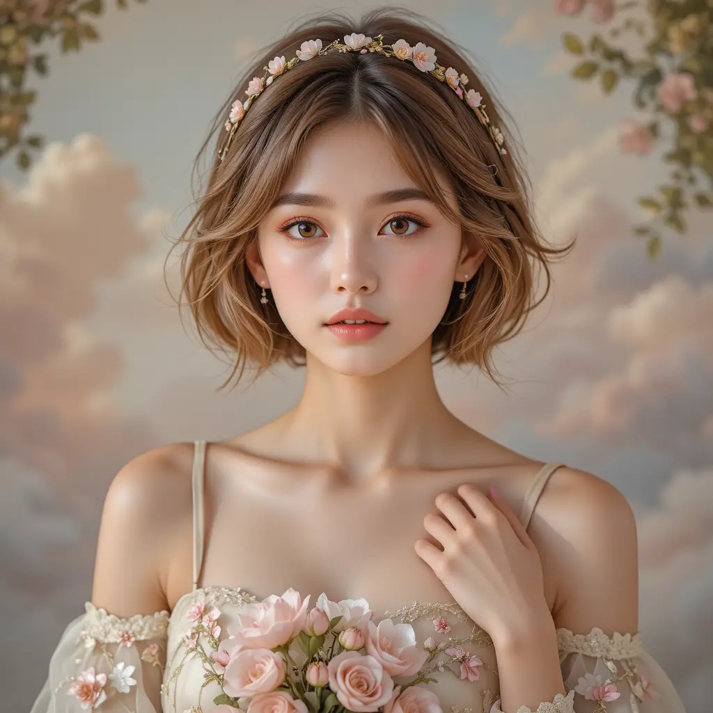 Young woman in floral dress holding soft pastel bouquet