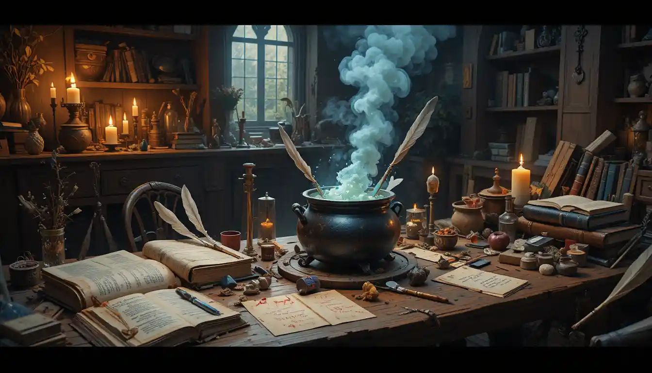 Cozy wizard study with spellbooks and bubbling cauldron