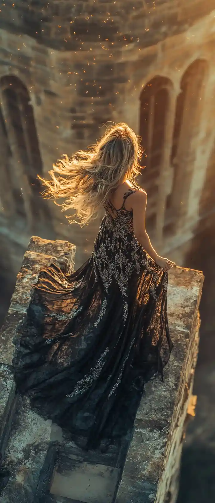 Woman on crumbling tower in golden sunset light