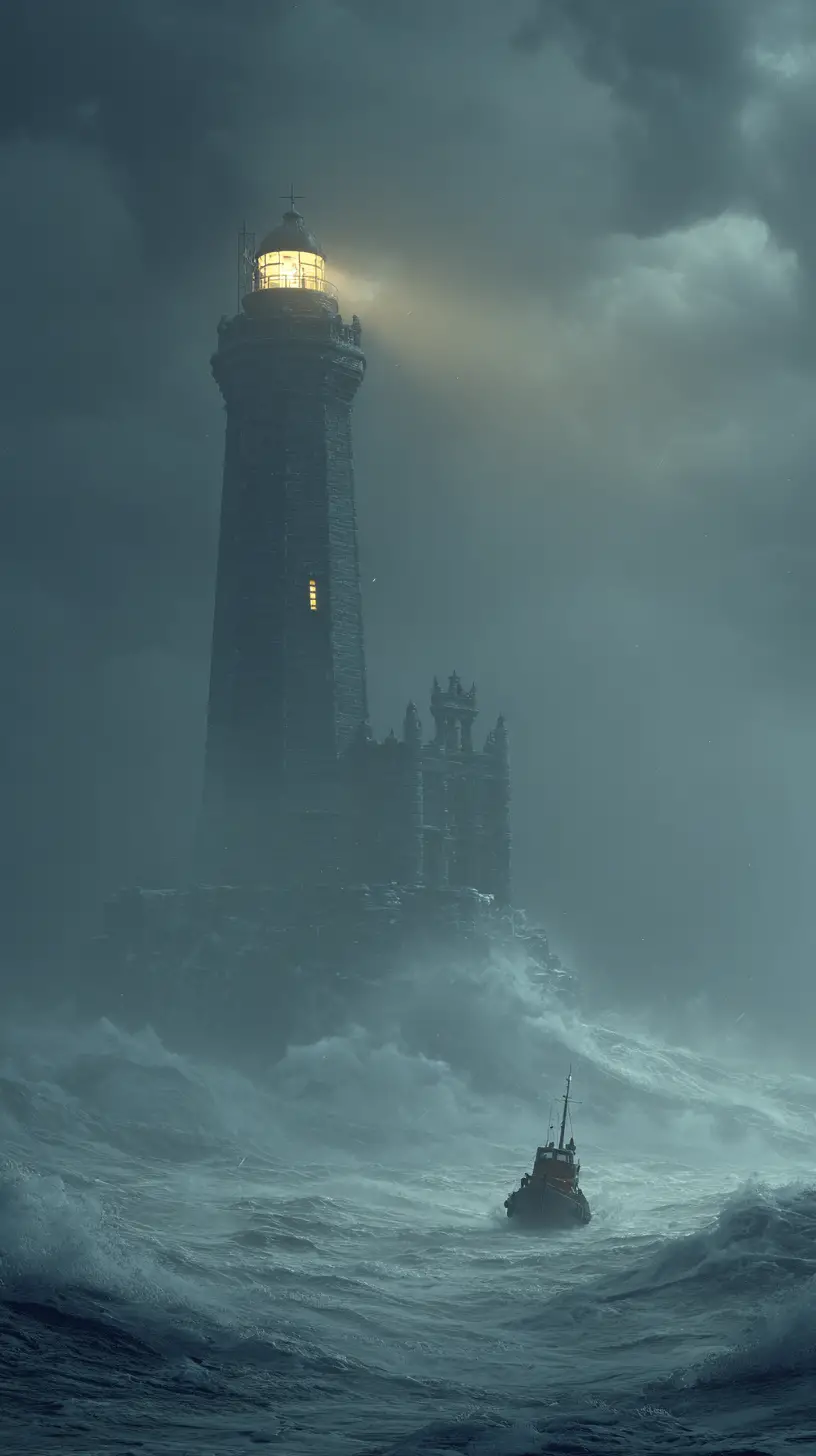 Minuscule remorqueur affrontant d’immenses vagues près d’un phare isolé