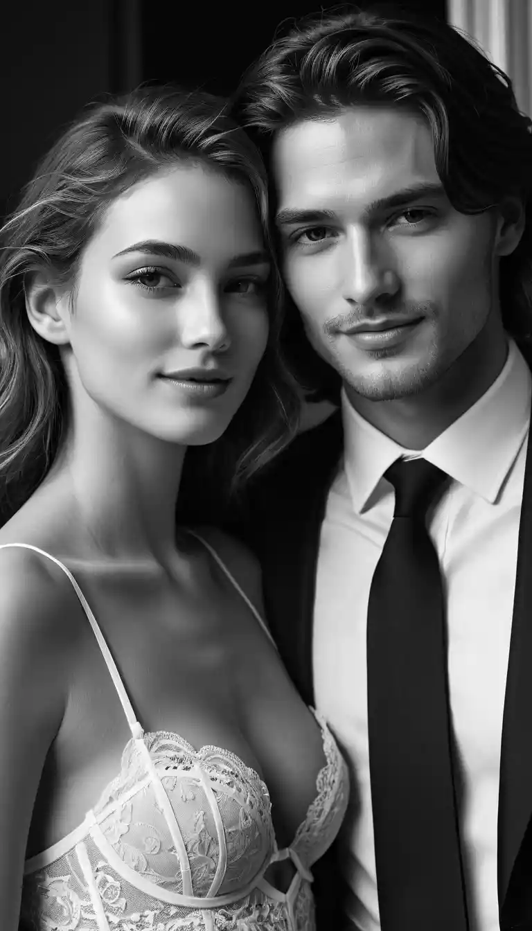 Elegant couple flirting in a luxurious manor interior