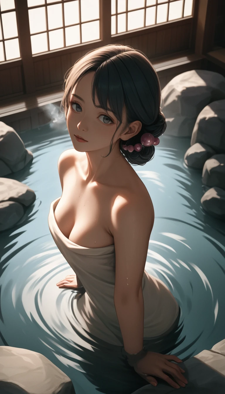 High angle portrait of girl in moonlit outdoor onsen