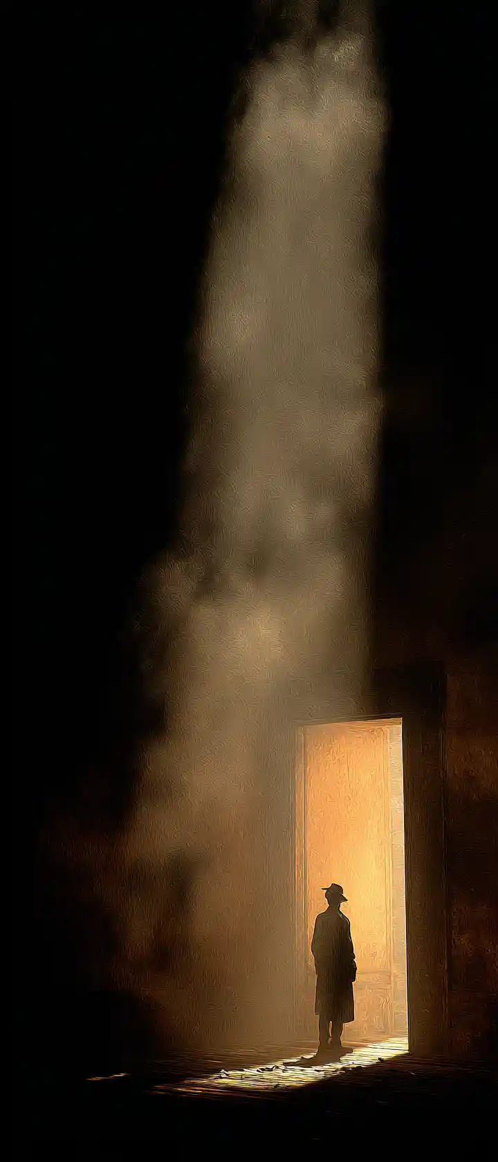 Man staring at his shadow in a dark chamber