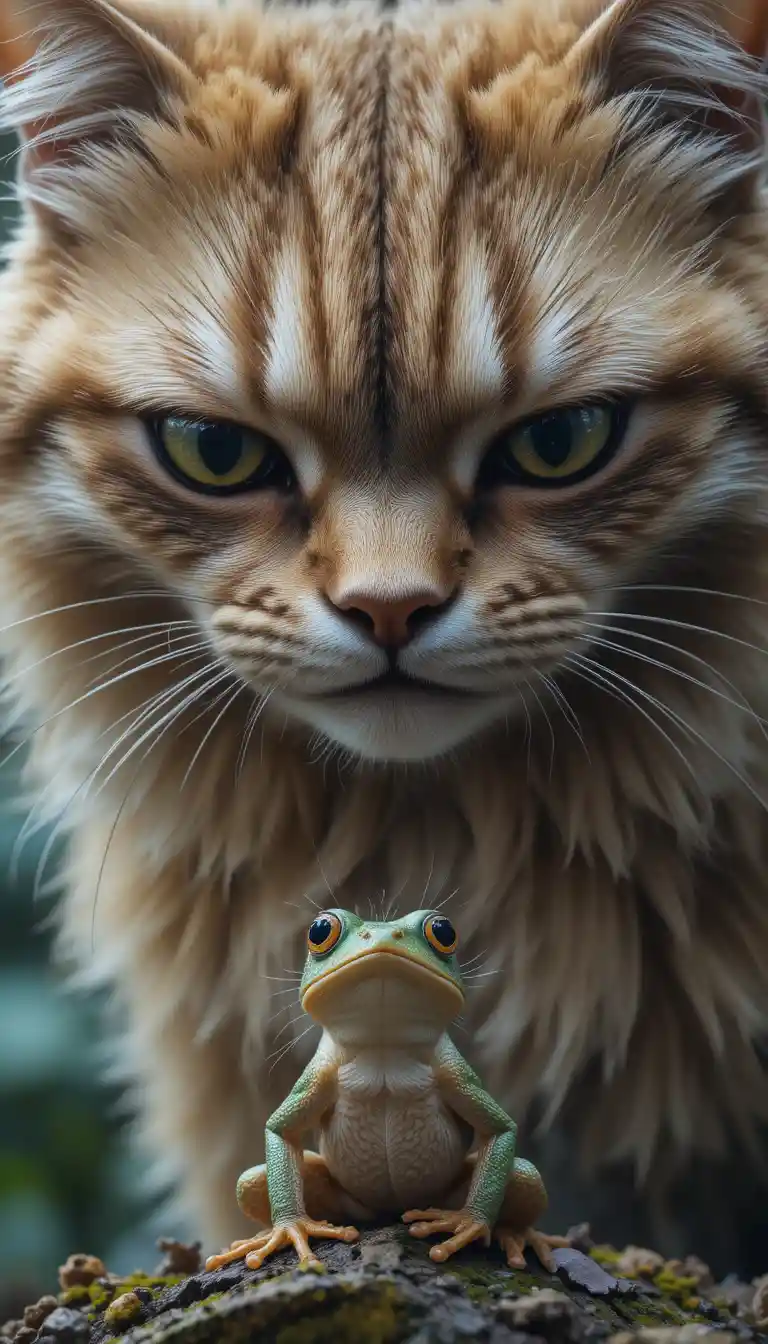 Close up of a huge cat facing a tiny tree frog
