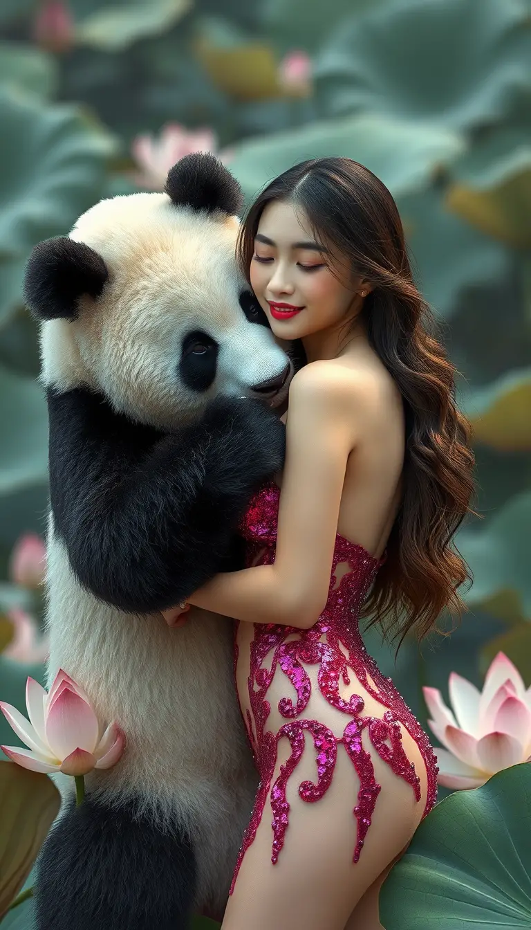 Woman with panda in lotus pond wearing liquid glitter