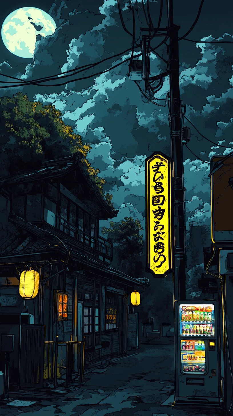 Nighttime Japanese street with neon sign and lanterns