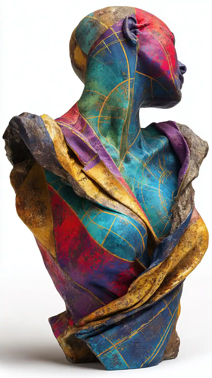 Photorealistic sculpture of a woman torso in profile