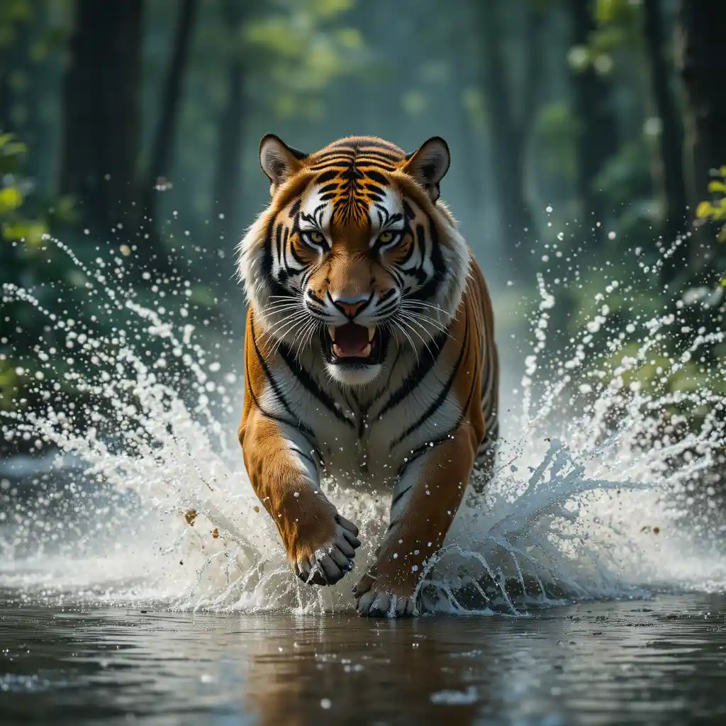 Tigre corriendo por el agua del bosque en movimiento cinematográfico