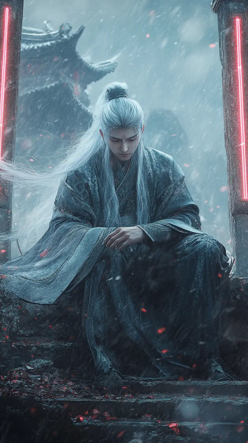 Melancholic man in hanfu on a ruined stone wall
