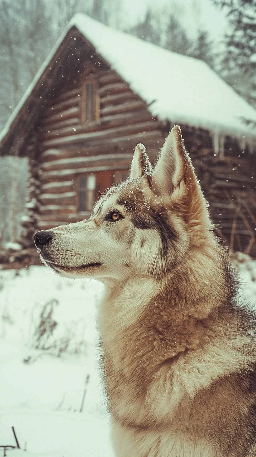 Cane siberiano accanto a una baita di legno in una foresta innevata