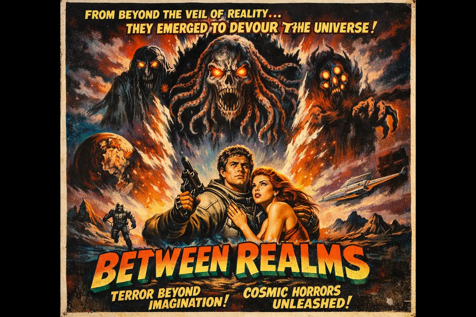 Vintage sci fi poster of a cosmic horror emerging