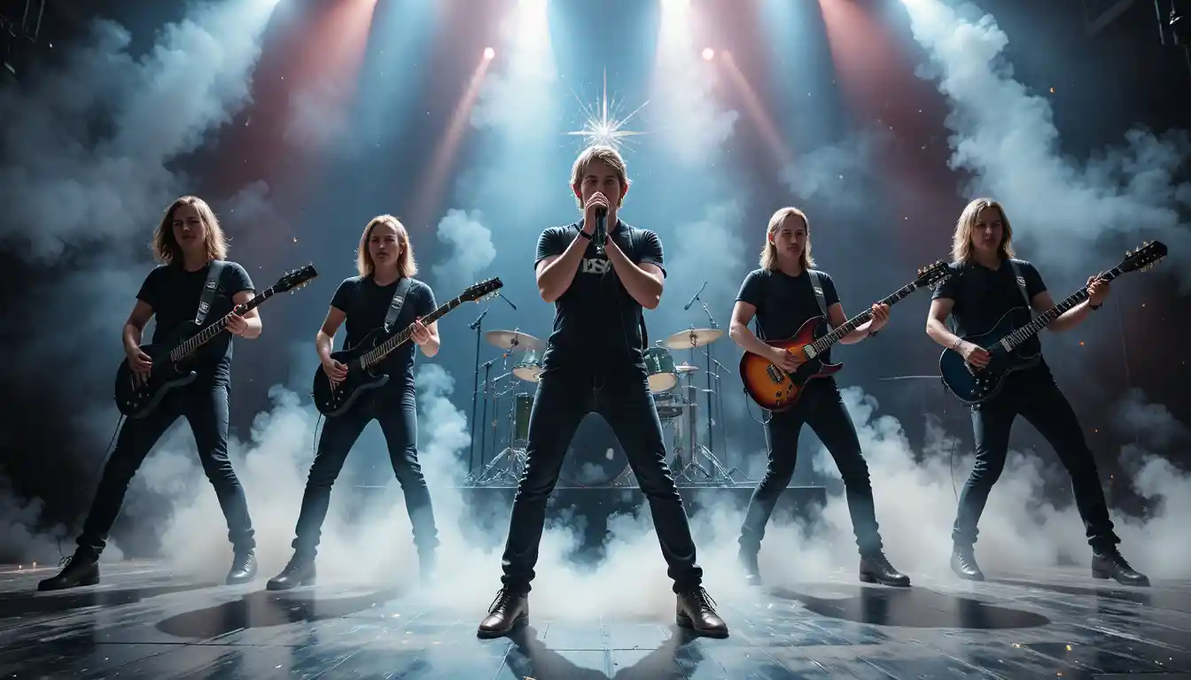 Rock band performing on stage in a dramatic wide shot