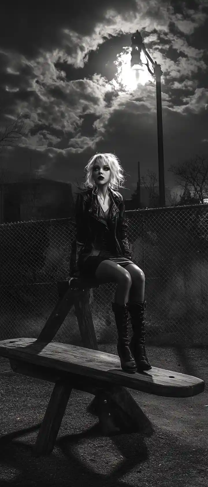 Steampunk woman on a playground seesaw at night