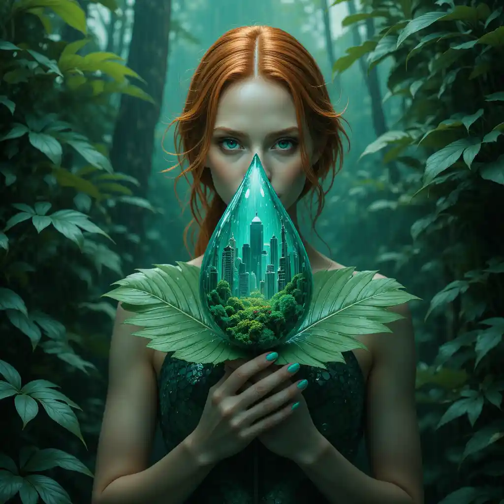 Red haired woman with leaf and raindrop in rainforest