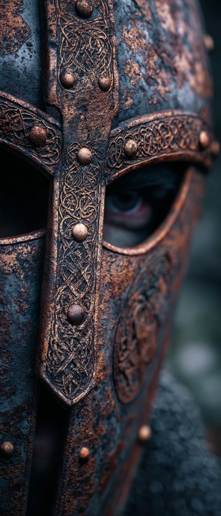Extreme close up of a medieval helmet with monster eyes