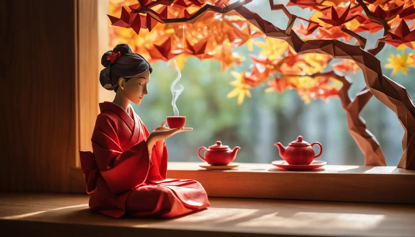 Origami woman in red kimono enjoying tea by window