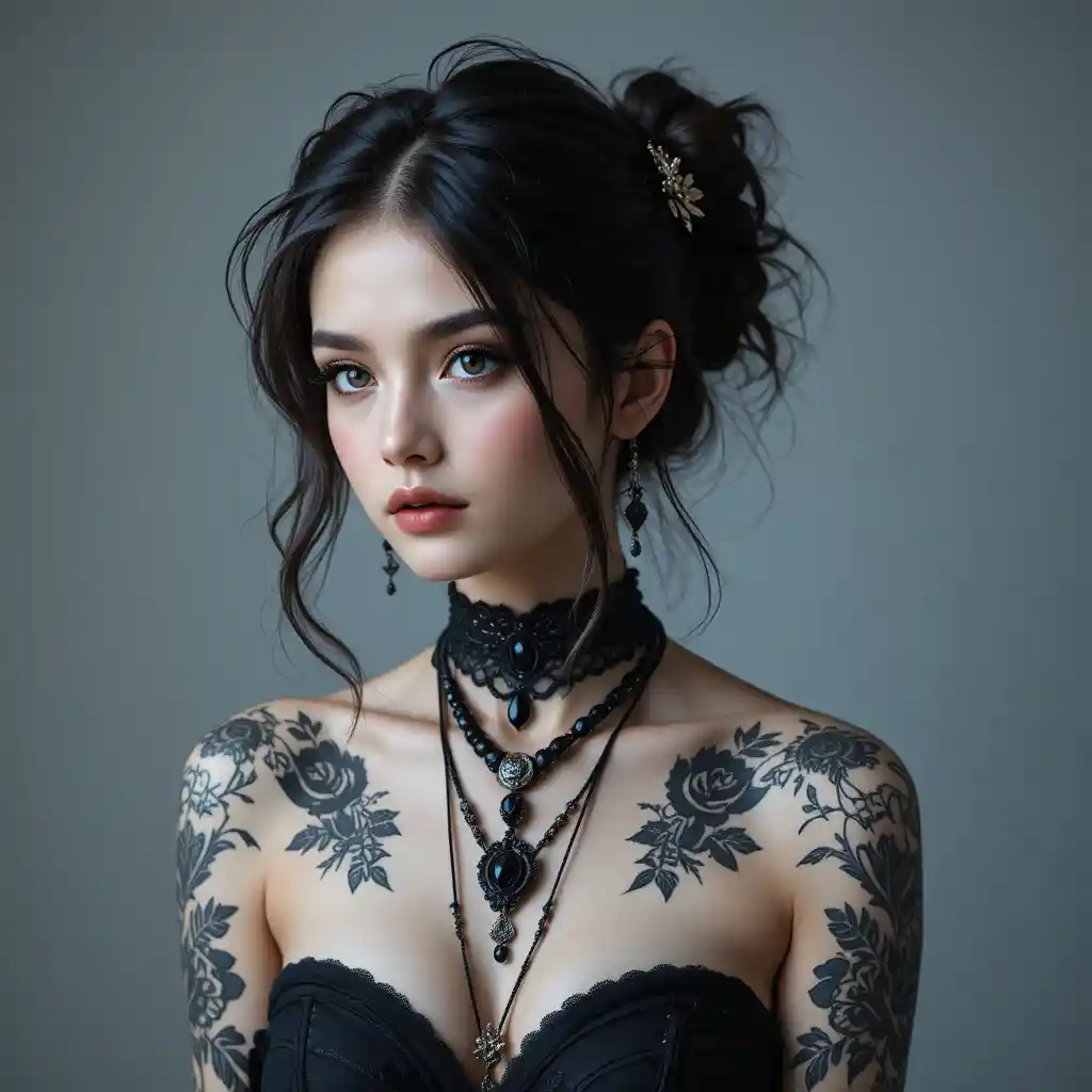 Gothic portrait of a tattooed woman in soft studio light