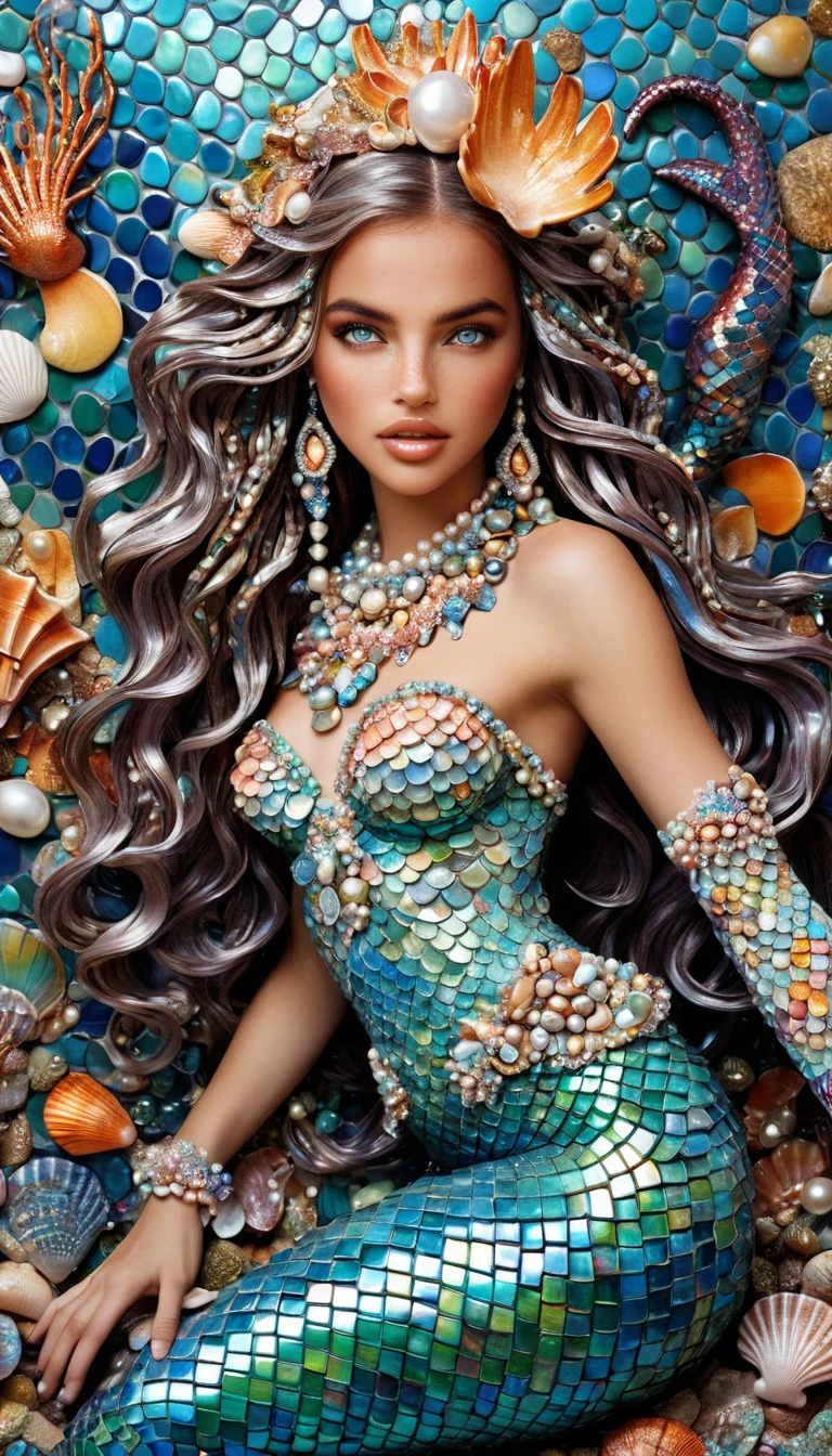 Mystical mermaid woman in iridescent seashell mosaic attire
