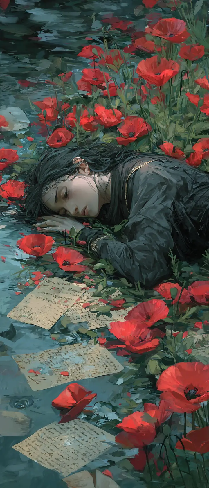 Heartbroken woman lying on a rainy riverbank with poppies