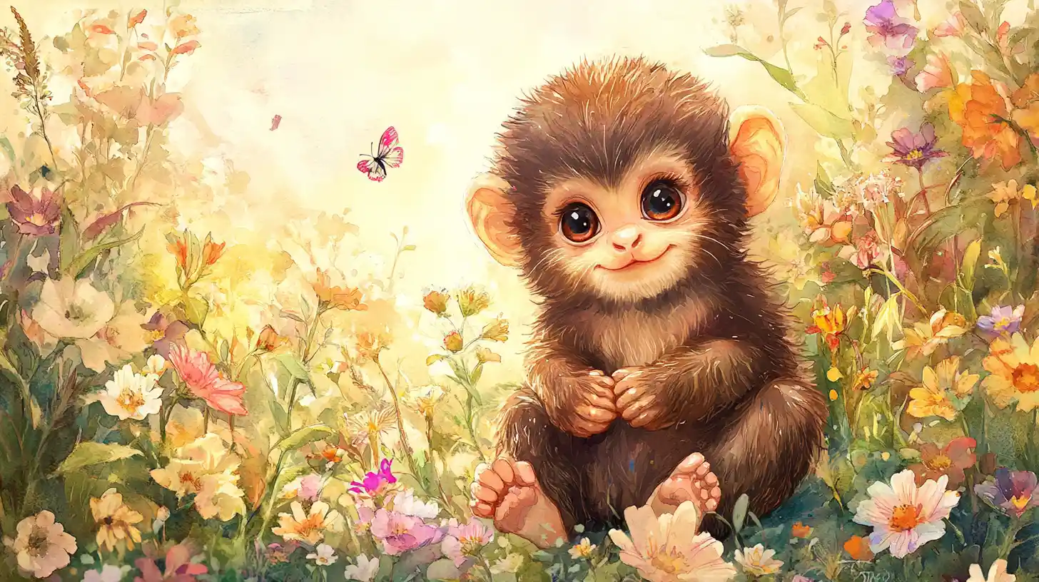 Cute Baby Monkey In Watercolor Meadow Illustration