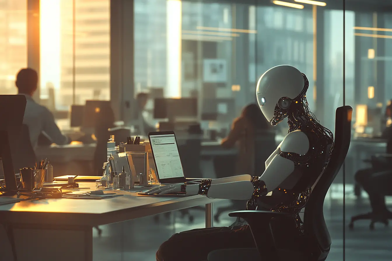 Humanoid ai sitting quietly at a desk in office