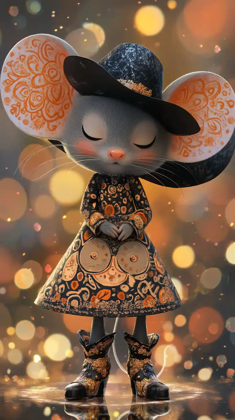 Anthropomorphe Maus im gemusterten Kleid mit weichem Bokeh-Hintergrund