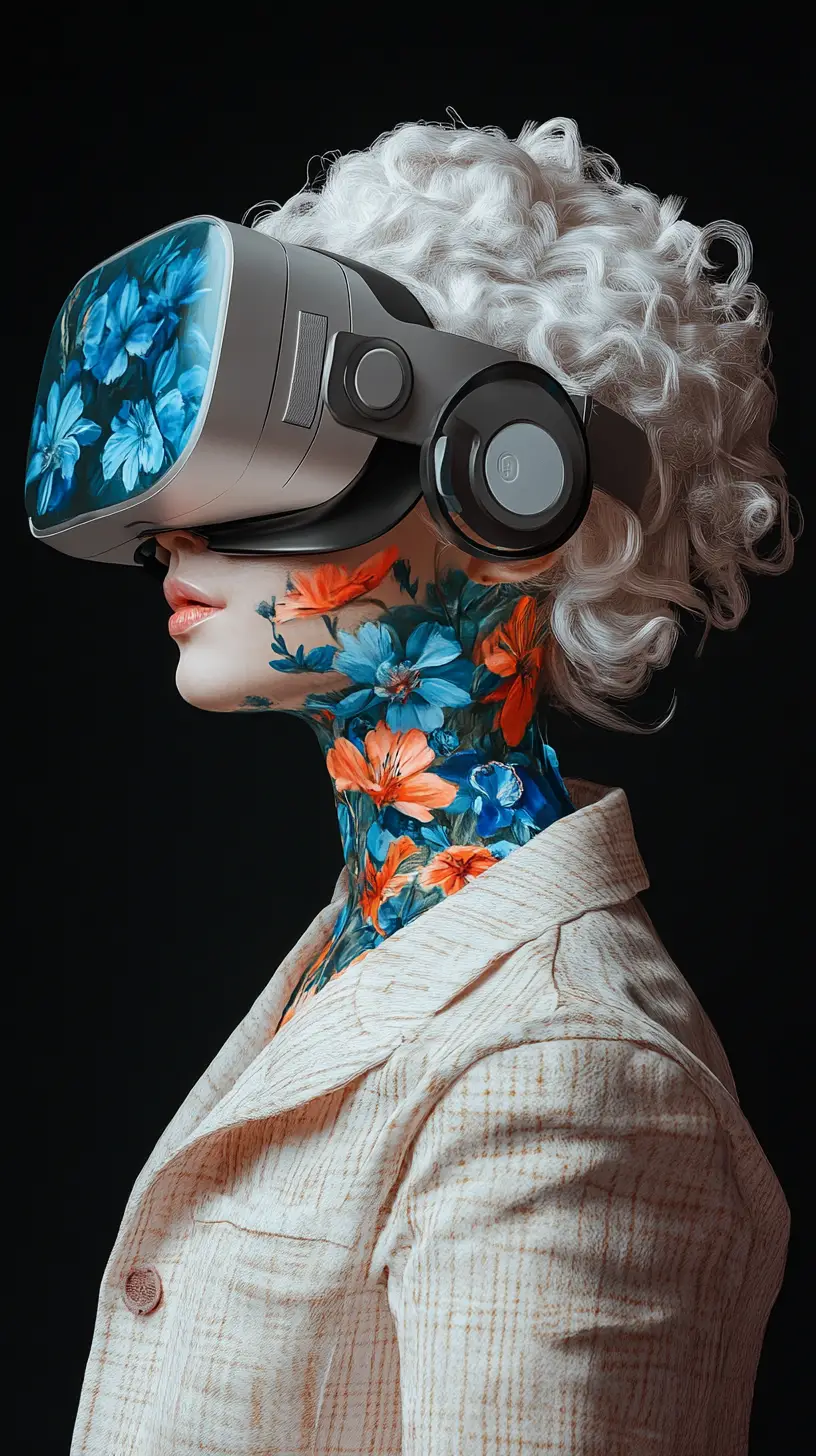 Young woman in floral virtual reality headset portrait