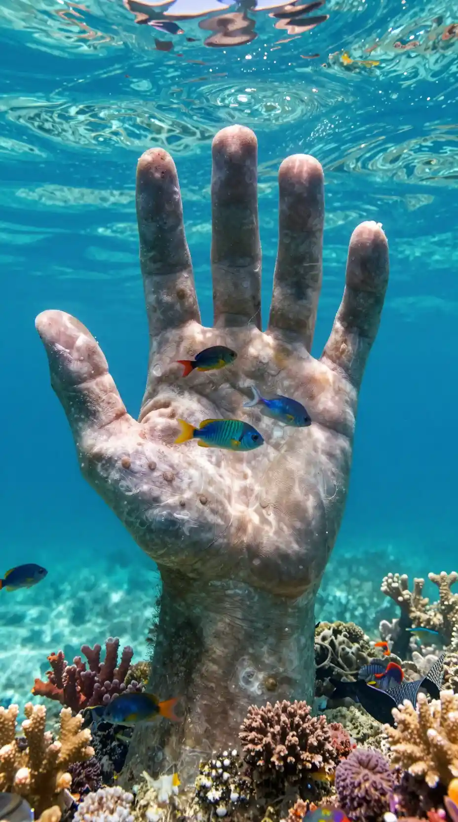 Giant stone hand rising from a clear turquoise ocean