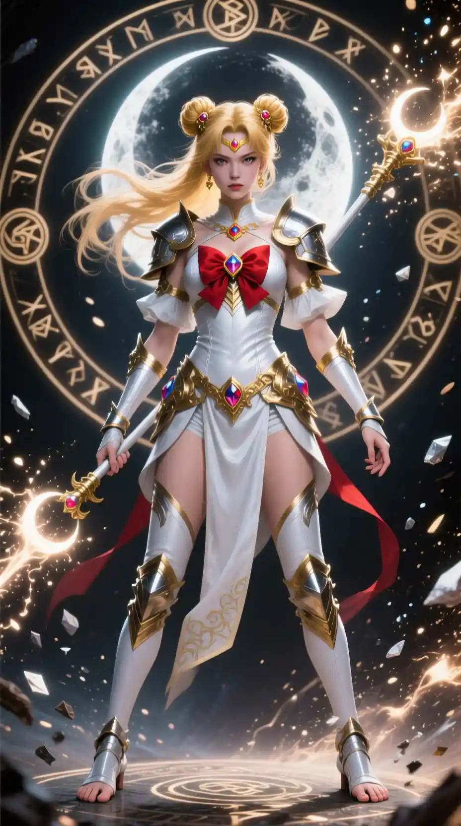 Divine lunar warrior woman with glowing magical staff