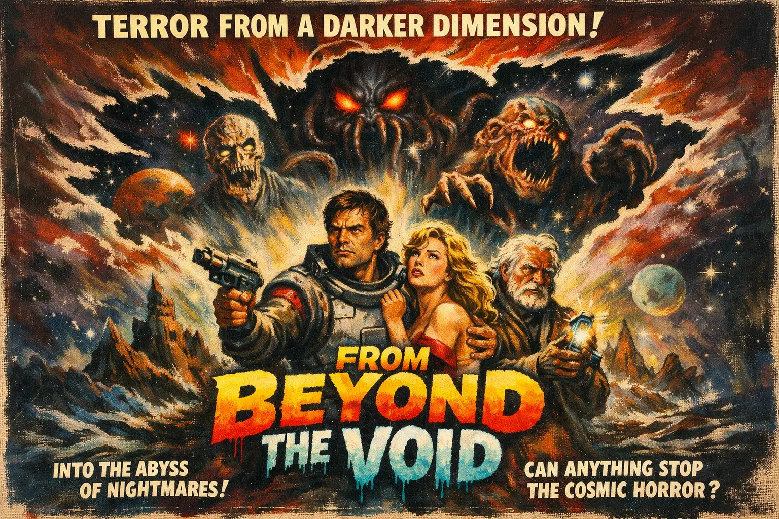 Vintage sci fi poster of a cosmic horror emerging from darkness
