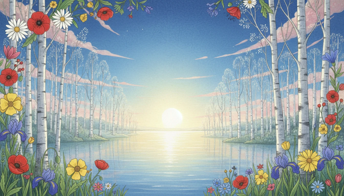 Lago Estivo Tranquillo con Betulle e Bordo Floreale