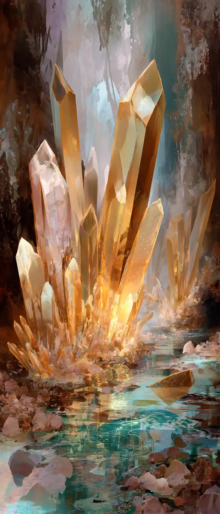 Warrior In Crystal Cave Touching Glowing Golden Crystals