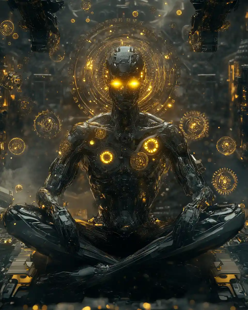 Uomo cyborg futuristico con corpo meccanico dorato