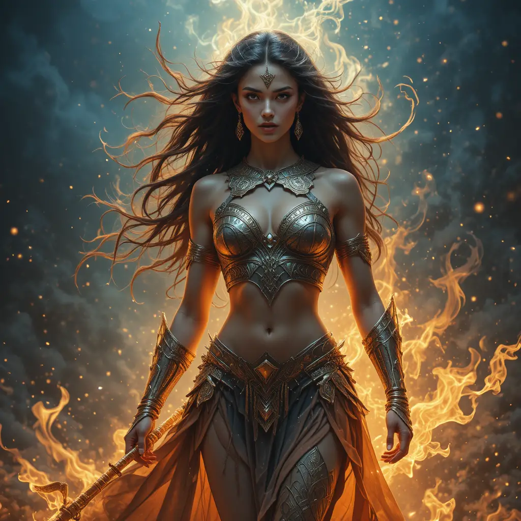 Fierce amazon warrior standing before roaring flames