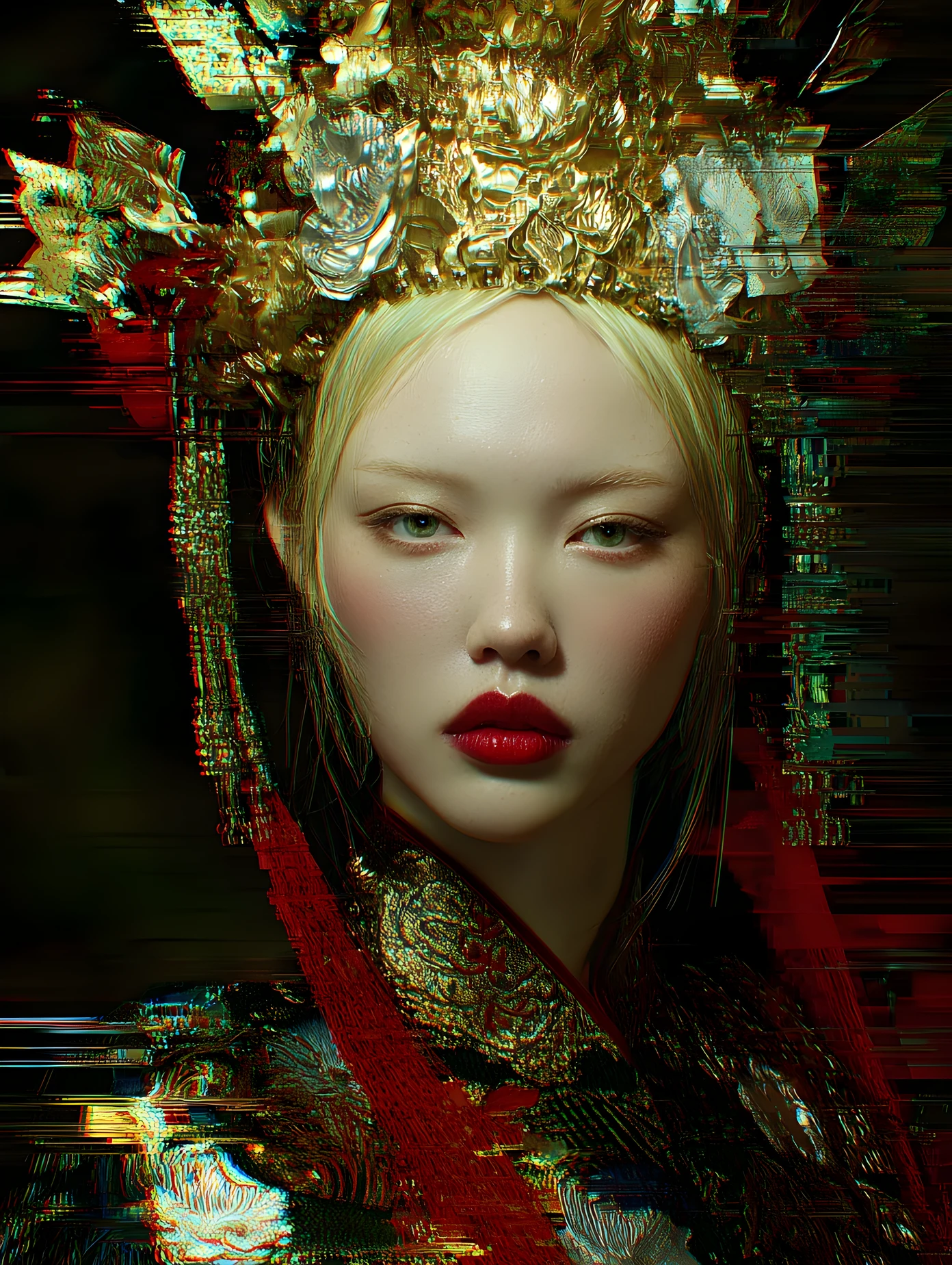 Asian woman in ornate traditional headdress portrait