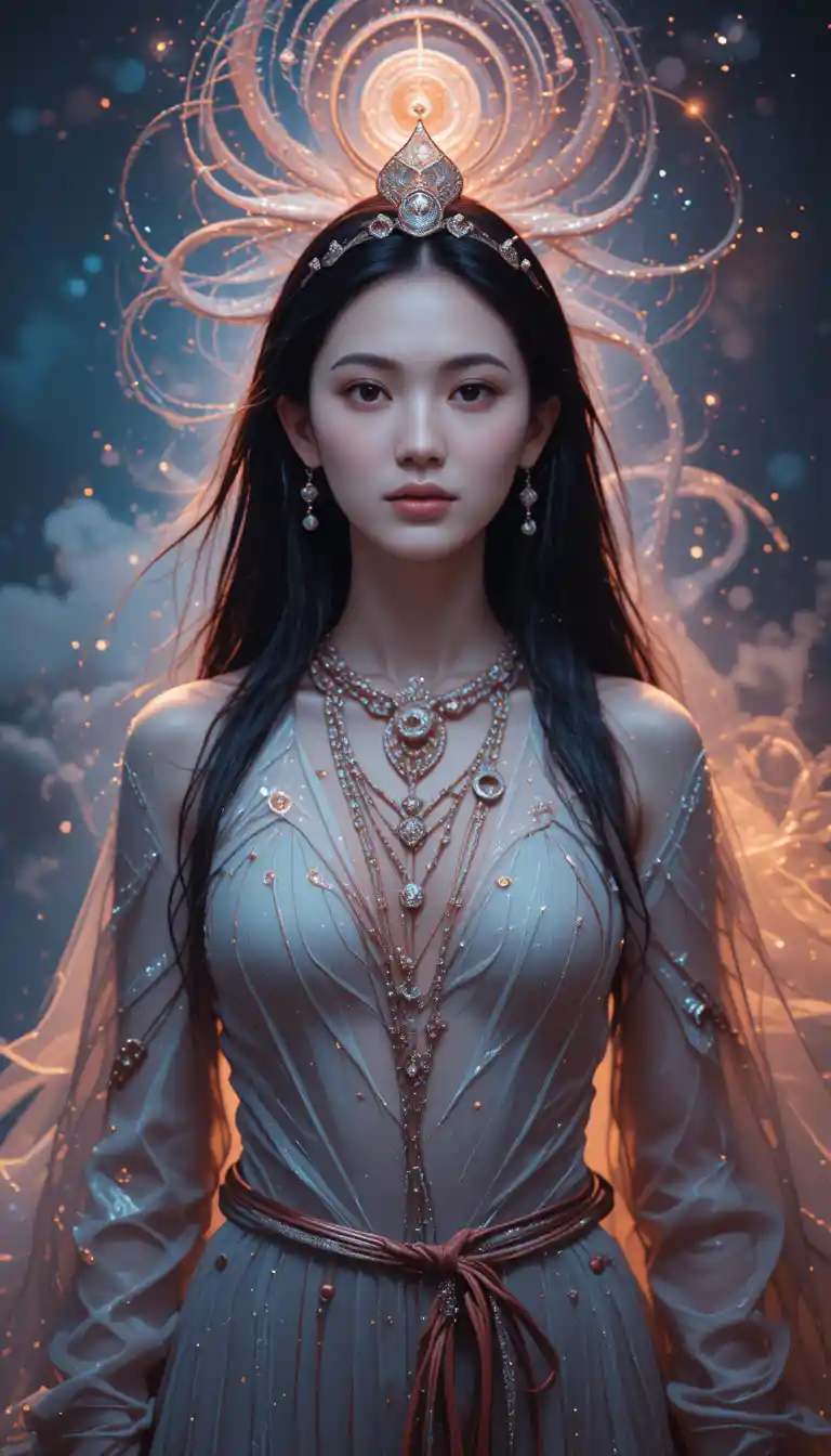 Shamanic woman in dynamic celestial ritual fashion pose
