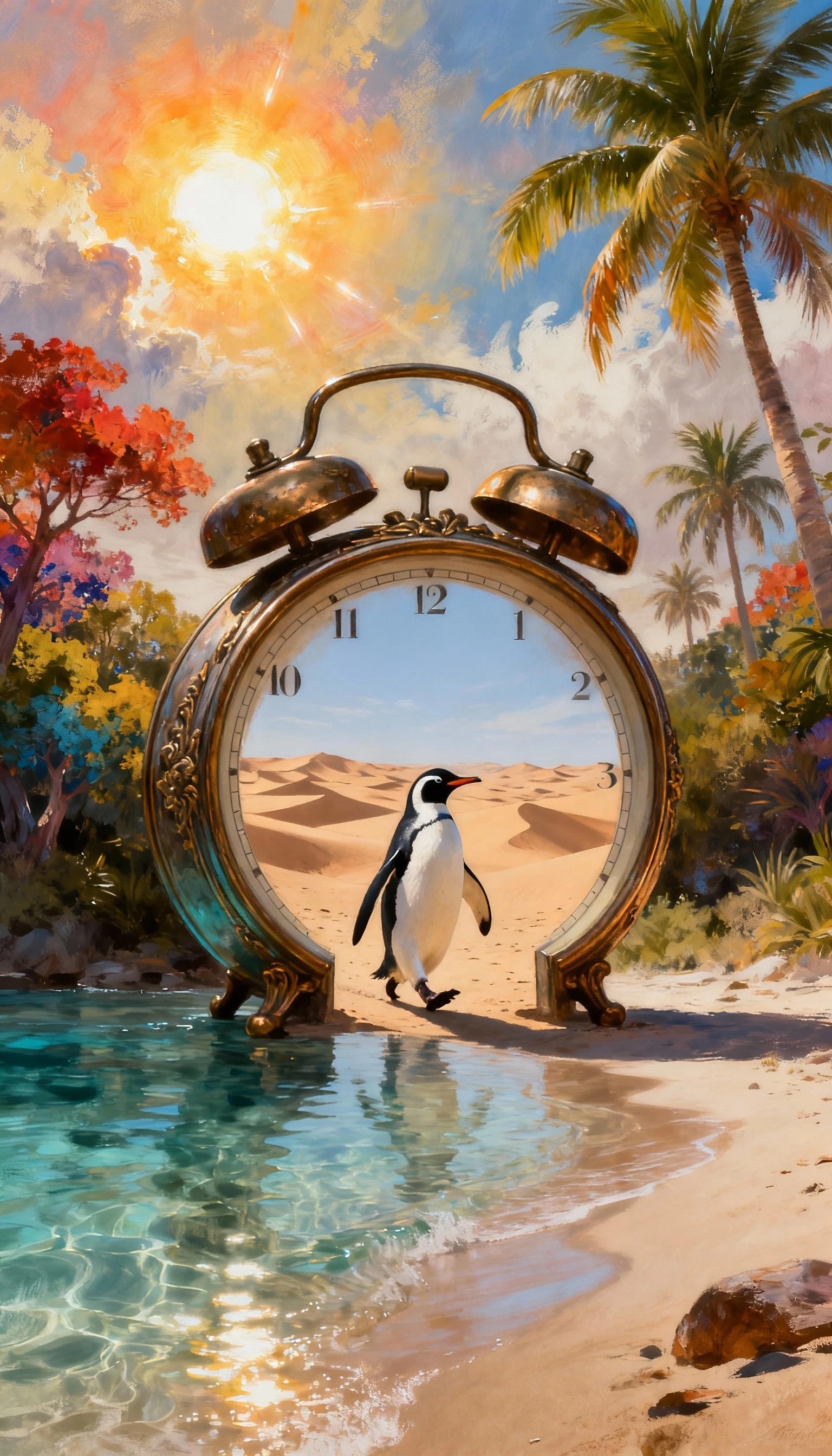 Antique alarm clock on a quiet beach under blazing sun