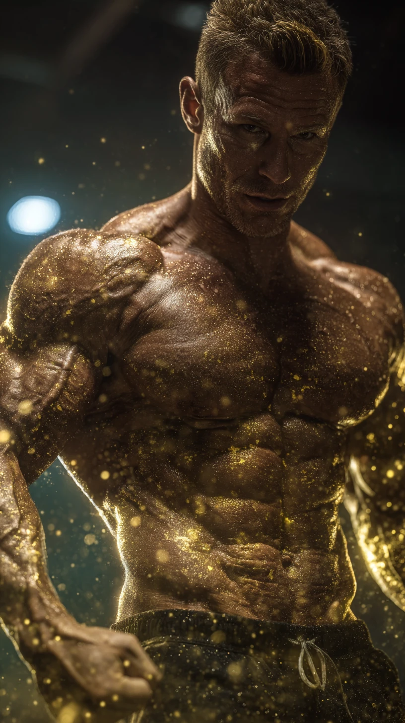 Muscular supervillain bodybuilder glowing with golden energy